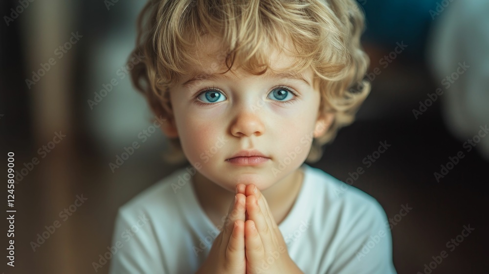 portrait of handsome caucasian boy 6 years old praying holding hands in front of him looking at camera portrait of handsome caucasian boy 6 years old praying holding hands in front of him looking at camera