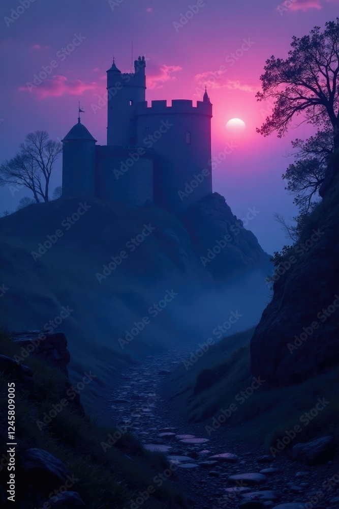 Obraz premium Twilight mist swirls around ancient castle walls, mystic, atmospheric, mist