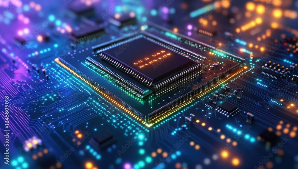 Obraz premium Close-up of a glowing microprocessor on a circuit board featuring vibrant blue, purple, and orange lights, symbolizing technology and digital advancement