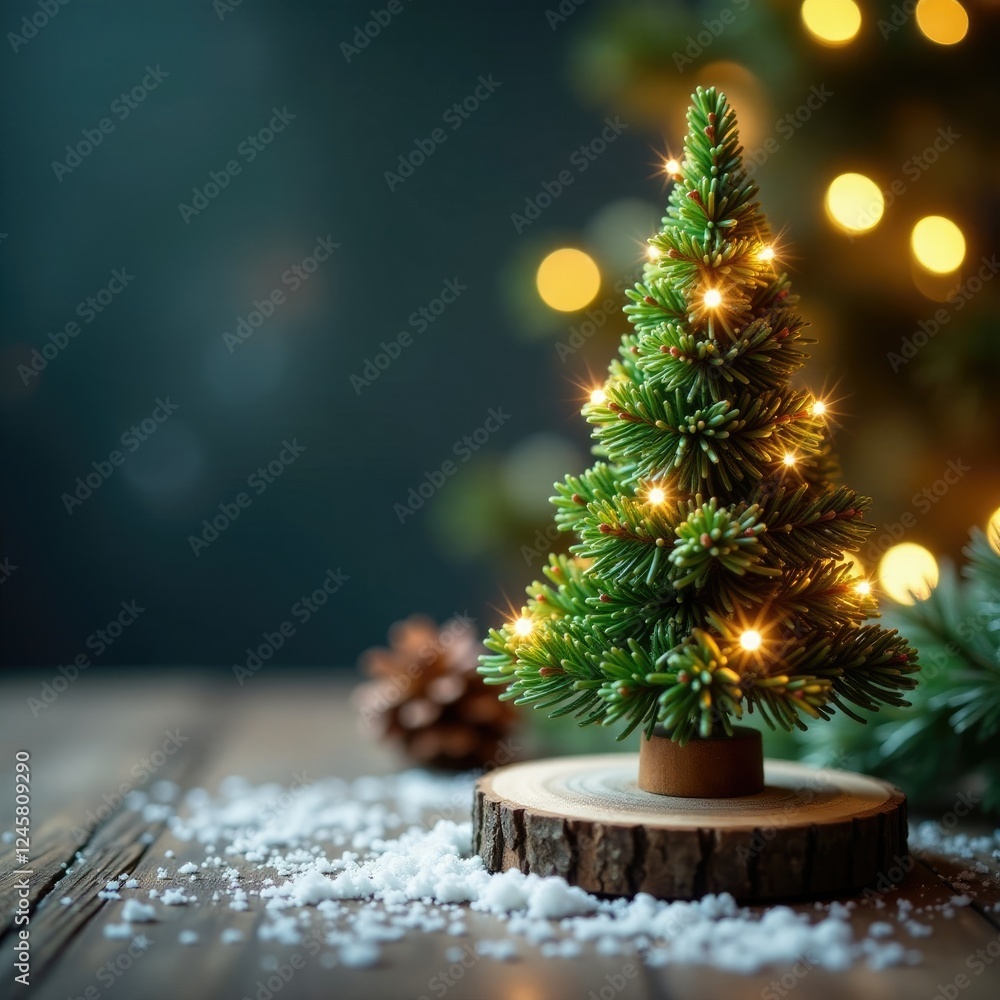 Twinkling mini Christmas tree on wooden base amidst rustic decor, winter scene, , rustic Twinkling mini Christmas tree on wooden base amidst rustic decor, winter scene, , rustic