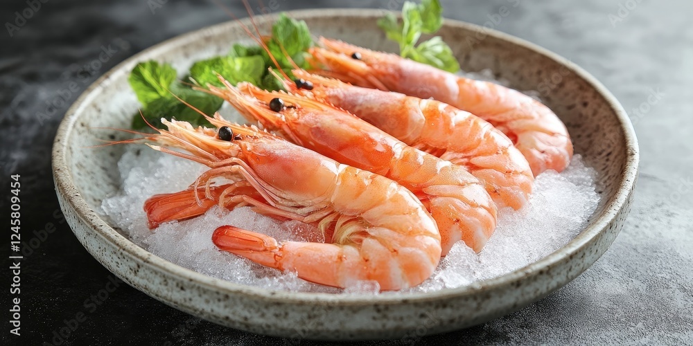 Elegant presentation of headless prawns on a bed of crushed ice garnished with fresh green herbs in a rustic round dish. Elegant presentation of headless prawns on a bed of crushed ice garnished with fresh green herbs in a rustic round dish.