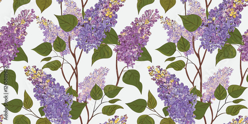 Repeating pattern of lilac flowers with green leaves against a white background.