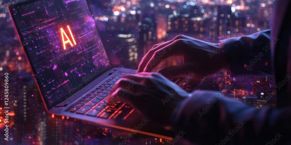 Close-up of Hands Typing on Laptop with AI Graphic in Vibrant Night Cityscape Background Reflecting Technology and Innovation in Modern Work Environment Close-up of Hands Typing on Laptop with AI Graphic in Vibrant Night Cityscape Background Reflecting Technology and Innovation in Modern Work Environment