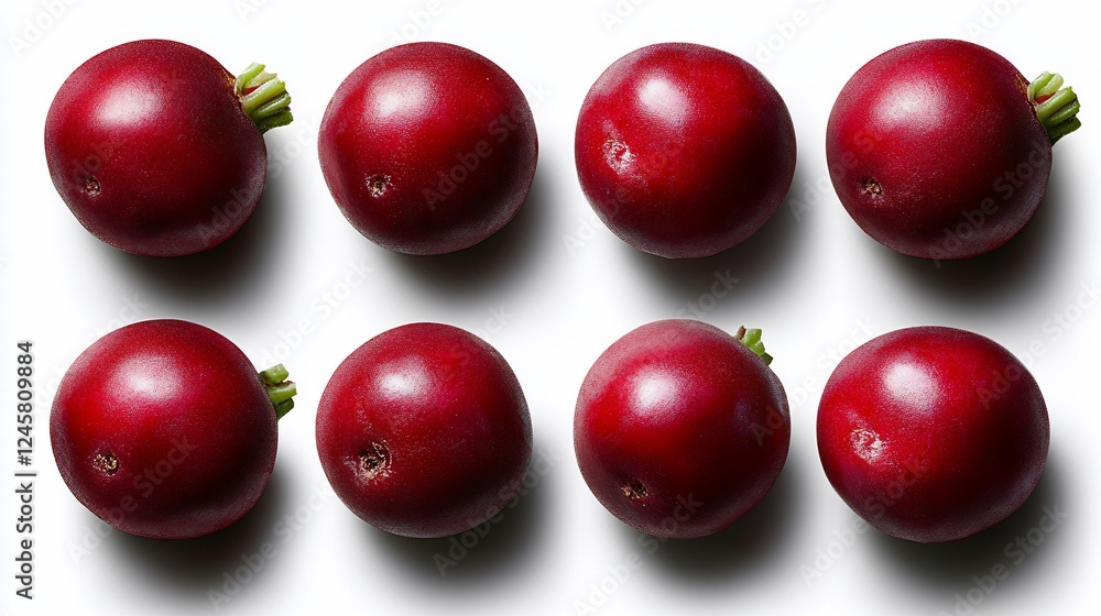 Eight Red Radishes Arranged in a Grid Pattern on White Background