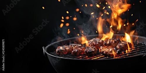 Wallpaper Mural Close up of a portable barbecue grill with active flames and glowing charcoal in a black background showcasing grilled meat and sparks flying Torontodigital.ca