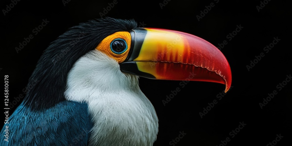 Naklejka premium Close up profile of a vibrant white-throated toucan with a large colorful beak, featuring black background highlighting its vivid plumage and eye.