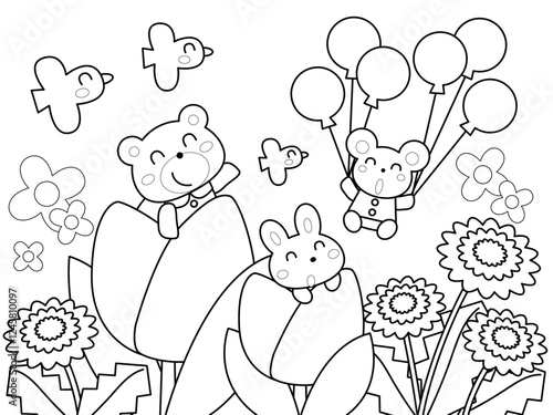 春を楽しむ動物たちの塗り絵