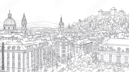 Wallpaper Mural Panoramic Cityscape Drawing European architecture, hilltop castle, background mountains, coloring book illustration Torontodigital.ca
