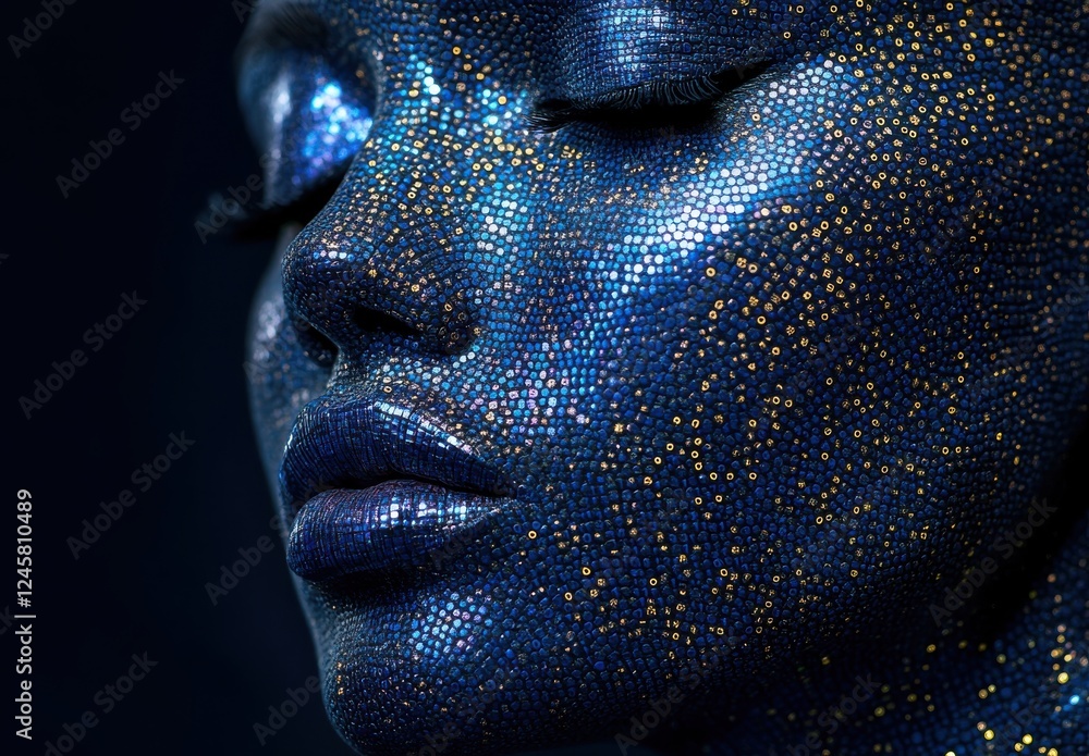 Close-Up Portrait of a Woman with Shimmering Blue and Gold Body Paint on a Dark Background, Highlighting Unique Beauty and Artistic Expression Close-Up Portrait of a Woman with Shimmering Blue and Gold Body Paint on a Dark Background, Highlighting Unique Beauty and Artistic Expression