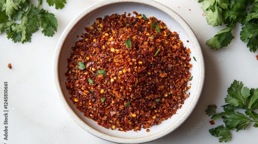 A bowl of red chili flakes garnished with herbs, ideal for seasoning dishes. A bowl of red chili flakes garnished with herbs, ideal for seasoning dishes.