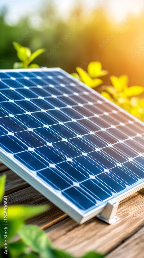 Fototapeta premium A modern house with solar panels installed on the roof, bathed in warm sunlight. The sustainable home design features energy-efficient architecture, surrounded by lush greenery. Renewable energy,