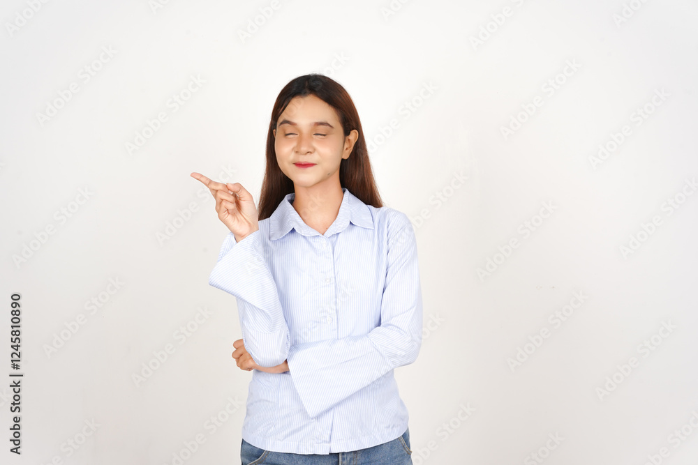 Smiling and presenting with pointing aside Of Beautiful Asian Woman Isolated On White Background Smiling and presenting with pointing aside Of Beautiful Asian Woman Isolated On White Background