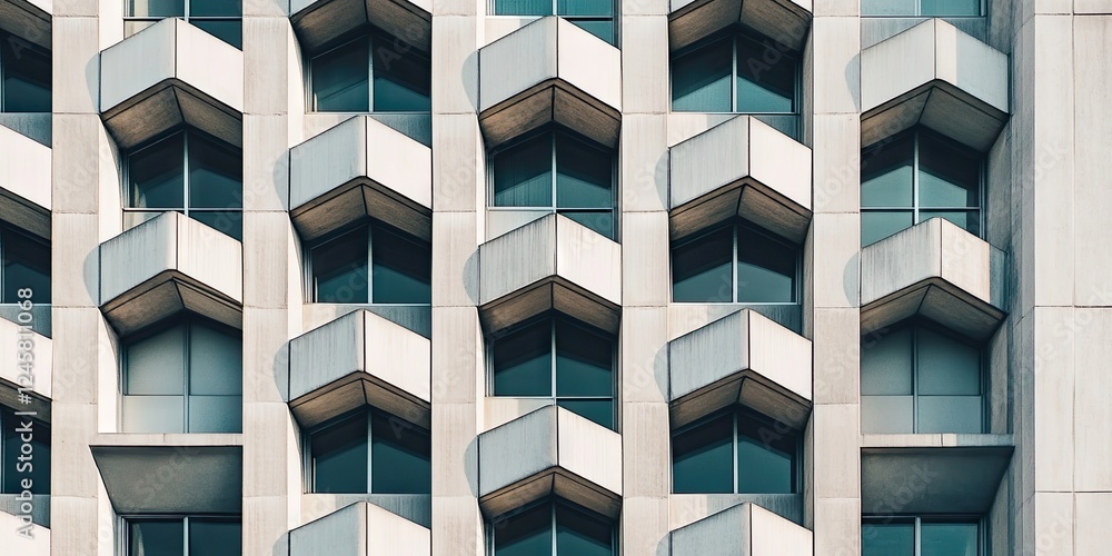 Geometric building facade with a repeating pattern of angular window designs in shades of grey and reflections showcasing modern architectural creativity. Geometric building facade with a repeating pattern of angular window designs in shades of grey and reflections showcasing modern architectural creativity.