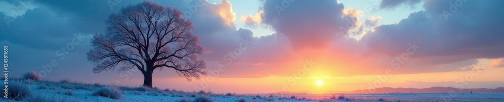 Fototapeta premium bare tree against blue sky with few clouds at sunset, foliage, frost