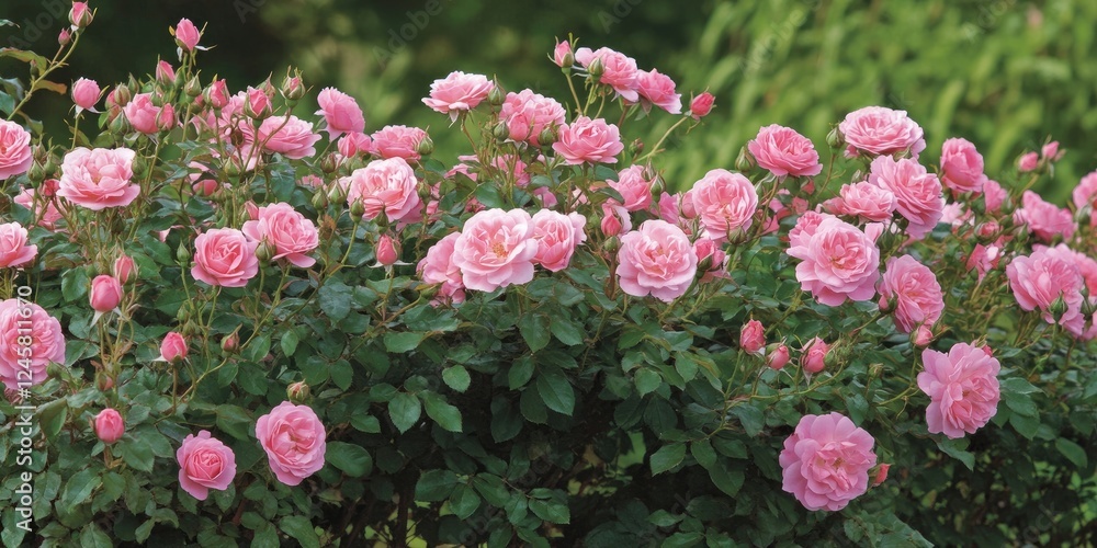 Pink roses in full bloom cascading over a lush green hedge creating a vibrant garden scene with soft sunlight illuminating the petals. Pink roses in full bloom cascading over a lush green hedge creating a vibrant garden scene with soft sunlight illuminating the petals.