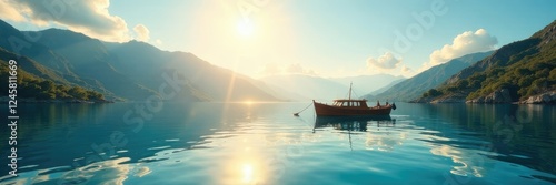 Barca sobre el agua stillada, con sol poniente detr?s, calm, water, lake photo