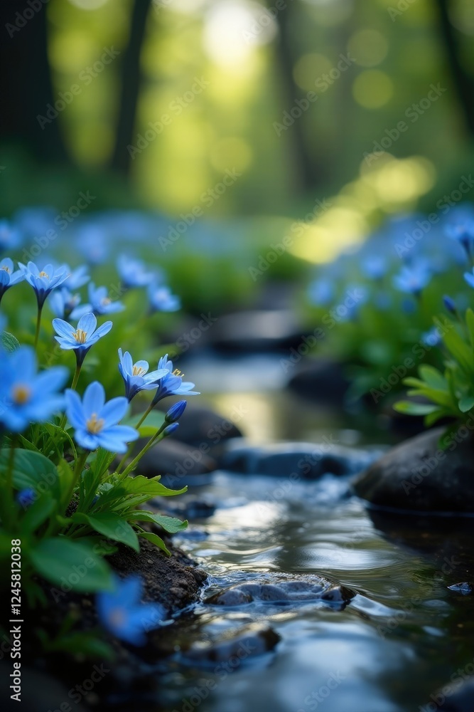 Naklejka premium Delicate blue flowers blooming in a small spring stream, tiny blooms, tiny blossoms, dark filter