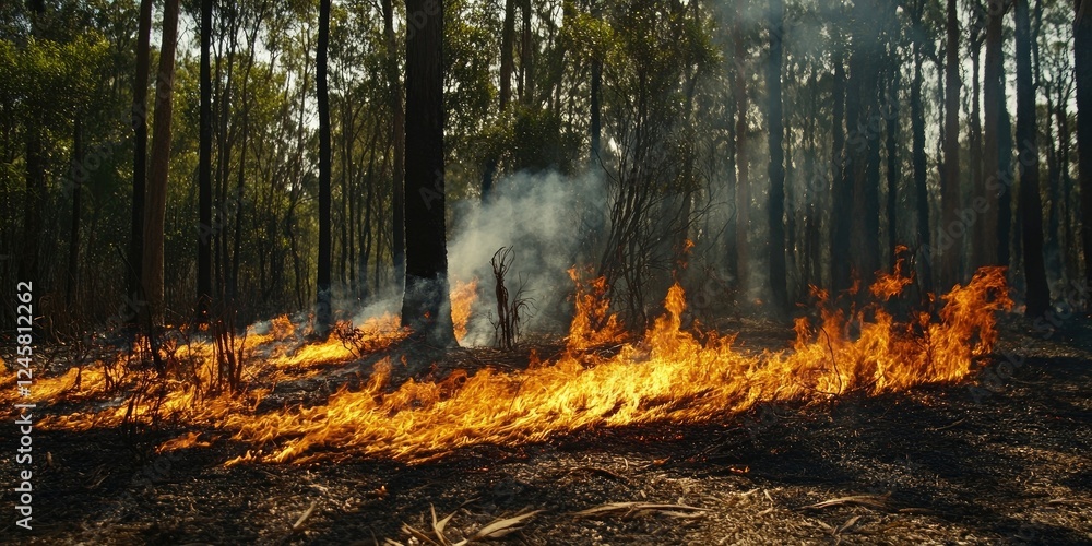 Forest wildfire with intense orange flames spreading across dry ground, surrounded by tall green trees under a clear blue sky, showcasing destruction. Forest wildfire with intense orange flames spreading across dry ground, surrounded by tall green trees under a clear blue sky, showcasing destruction.