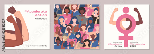 AccelerateAction poster template set. Diversity ladies different age color skin ethnicities show biceps strength. International Women's Day 2025. IWD 2025 Accelerate Action cover banner greeting card