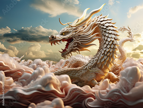 Majestic White Dragon Soaring Through Golden Sunset Clouds