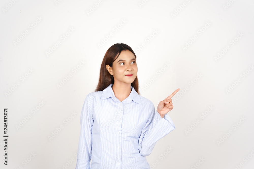 Smiling and presenting with pointing aside Of Beautiful Asian Woman Isolated On White Background Smiling and presenting with pointing aside Of Beautiful Asian Woman Isolated On White Background