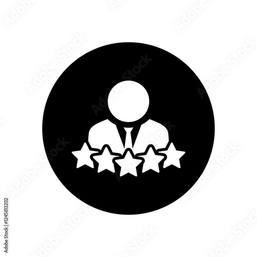 Employee person rating icon on black circle. Businessman reputation with five stars sign symbol