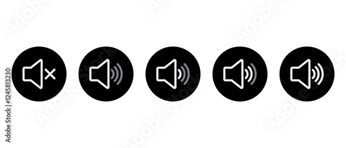 Sound volume level outline icon on black circle. Audio speaker sign symbol