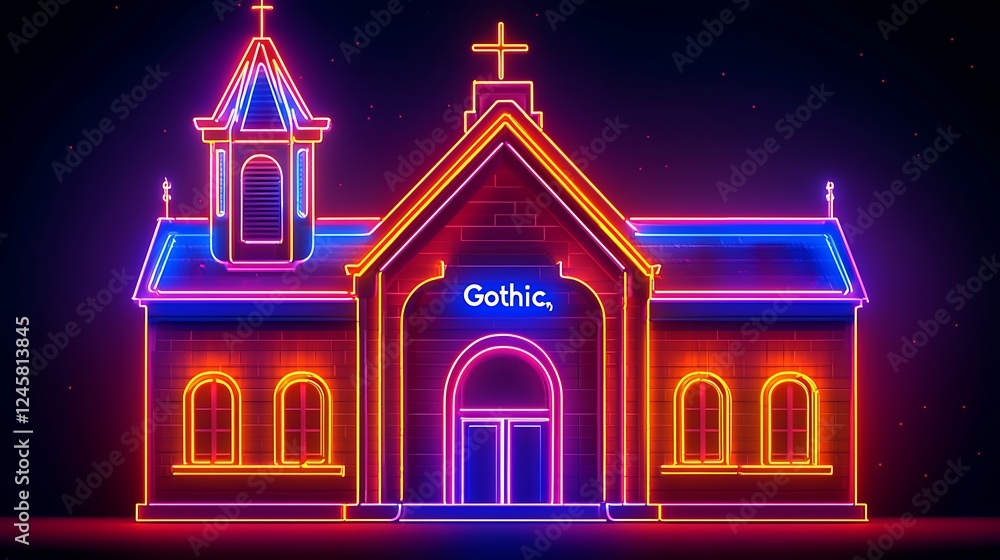 Fototapeta premium Neon Gothic Church at Night.