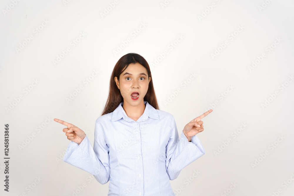Smiling and presenting with pointing aside Of Beautiful Asian Woman Isolated On White Background Smiling and presenting with pointing aside Of Beautiful Asian Woman Isolated On White Background