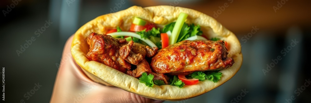 Hand holding a pita filled with flavorful chicken and fresh vegetables in a casual dining setting Hand holding a pita filled with flavorful chicken and fresh vegetables in a casual dining setting