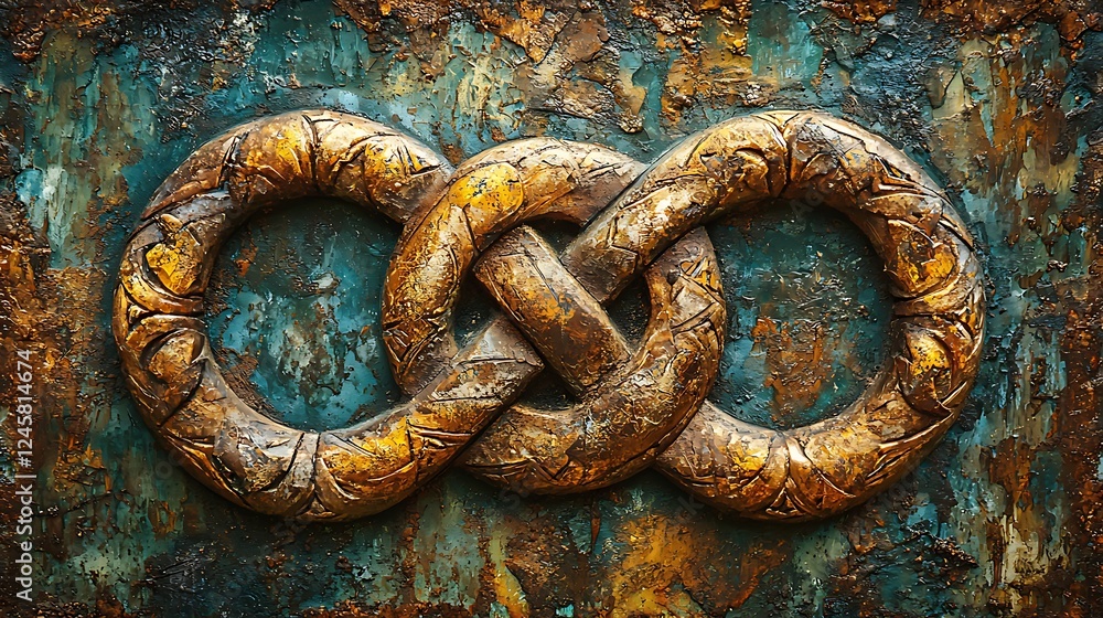 Ornate Golden Interlocking Rings on a Textured Background.