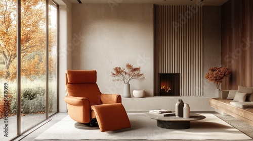 Japandi minimalist interior design of modern living room with terra cotta recliner chair photo