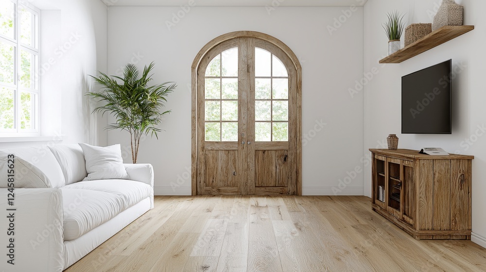 Bright Living Room with White Couch and Arched Wooden Door Bright Living Room with White Couch and Arched Wooden Door