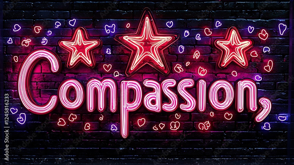 Fototapeta premium Neon Sign Compassion, Love, and Stars on Brick Wall.