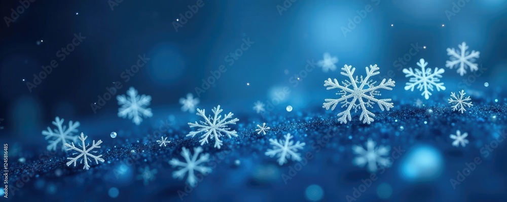 Snowflakes float serenely on a canvas of deep blue, their delicate forms shimmering in the soft light, shimmering, quiet scene Snowflakes float serenely on a canvas of deep blue, their delicate forms shimmering in the soft light, shimmering, quiet scene