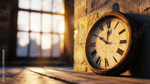 Wallpaper Mural Rustic analogue wall clock by a sunlit window casting warm light on a wooden surface, evoking timeless and vintage themes Torontodigital.ca