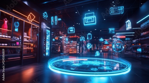 Wallpaper Mural Futuristic Retail Store with Neon Lights and Digital Interfaces Torontodigital.ca