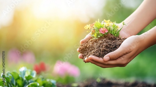 Hands Holding Rich Compost with Fresh Flowers photo