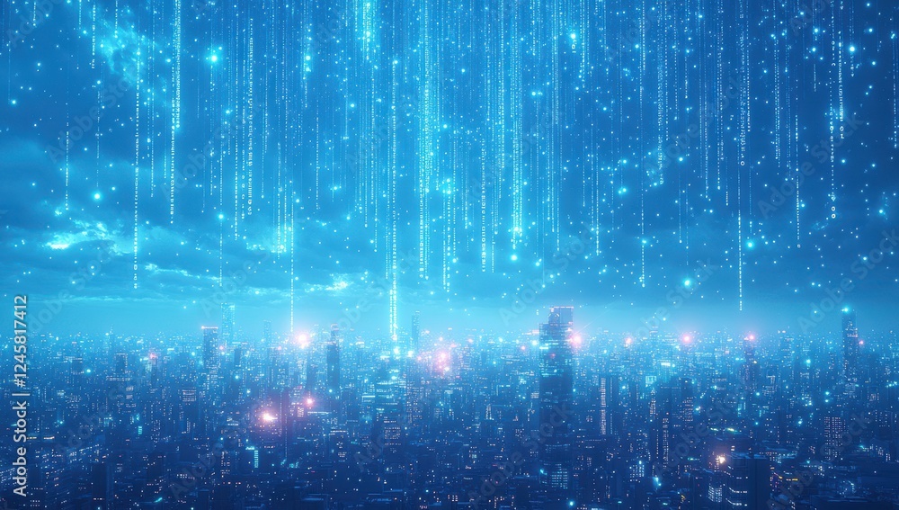 Obraz premium Futuristic Cityscape with Neon Lights and Digital Rain Over Urban Skyline at Night in a Cyberpunk Aesthetic Environment