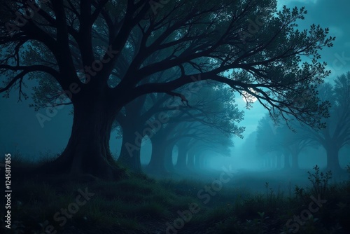 Trees creak in the wind, casting ominous shadows, darkness, nighttime photo