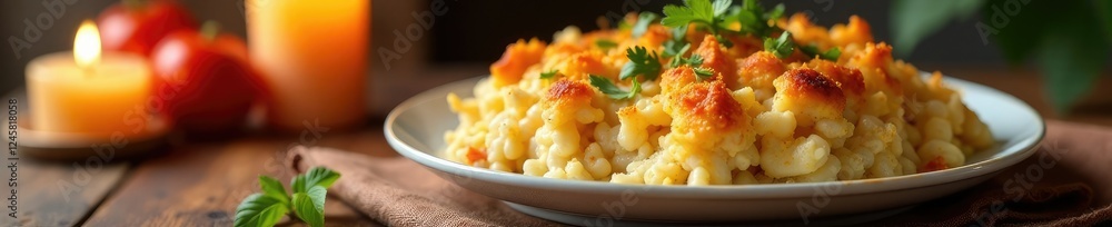 Tuna casserole on a table with a decorative centerpiece and candles nearby, inviting atmosphere, homey, casserole Tuna casserole on a table with a decorative centerpiece and candles nearby, inviting atmosphere, homey, casserole