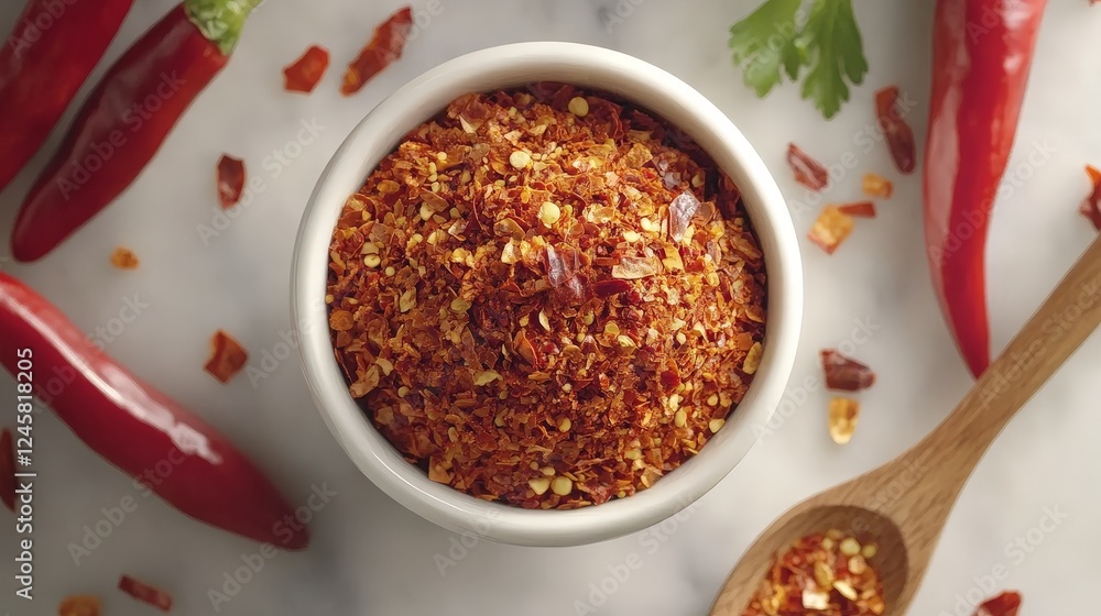 A bowl of red chili flakes surrounded by whole red chilies and a wooden spoon. A bowl of red chili flakes surrounded by whole red chilies and a wooden spoon.