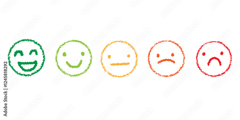 Crayon face emotion customer satisfaction survey service doodle faces set. Happy angry avatar sketches.