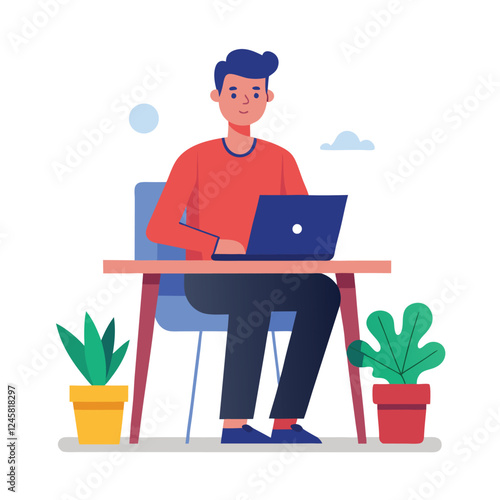 a man is sitting on the table with his laptop