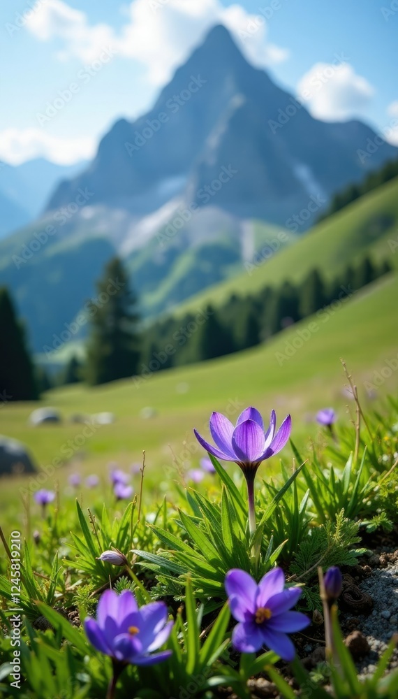 Fototapeta premium Alpine meadow landscape with Scilla bifolia alpine squill, flowering plants, spring bloom