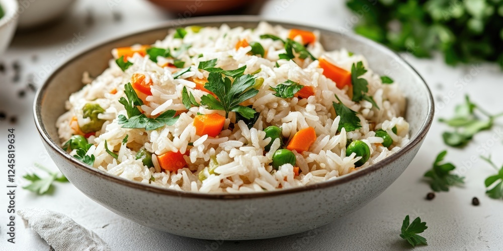 Fresh and colorful vegetable rice dish in a light grey bowl, featuring white rice, green peas, orange carrots, garnished with parsley leaves. Fresh and colorful vegetable rice dish in a light grey bowl, featuring white rice, green peas, orange carrots, garnished with parsley leaves.