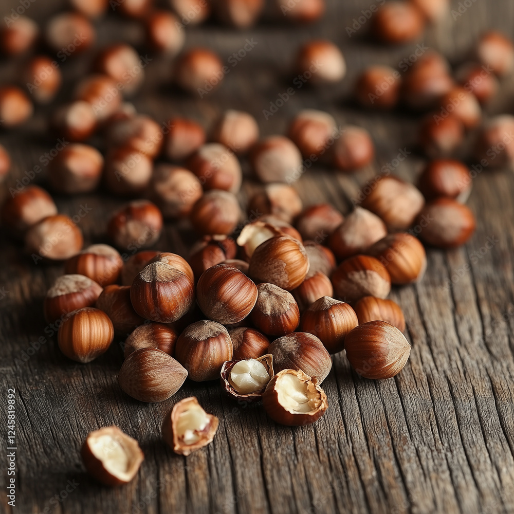 Whole and Cracked Hazelnuts Scattered on a Rustic Wooden Table Whole and Cracked Hazelnuts Scattered on a Rustic Wooden Table