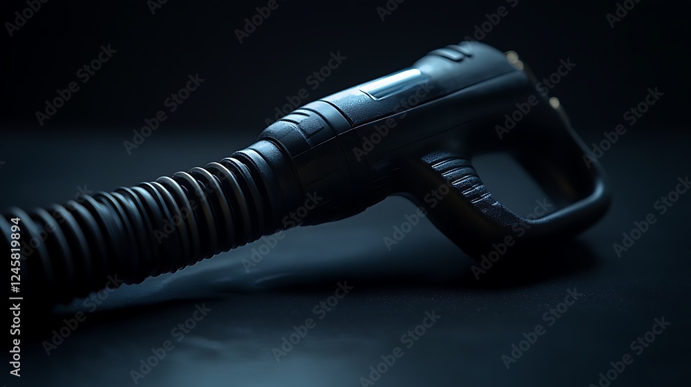 Futuristic Black Handheld Device With Corrugated Hose Futuristic Black Handheld Device With Corrugated Hose