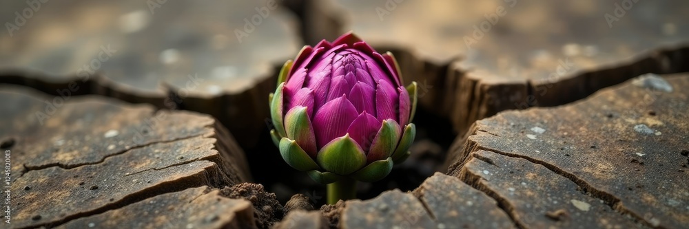 Obraz premium Artichoke growing through cracks in textured wood, earthy, plant