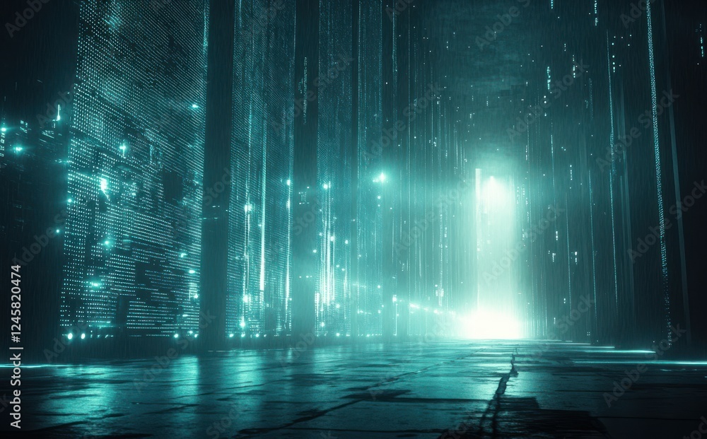 Fototapeta premium Futuristic Digital Landscape with Ethereal Light Beam in a Dark Environment and Glowing Vertical Strips of Light Reflecting on a Wet Surface